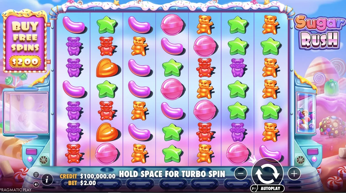 Sugar Rush base game with Buy Free Spins panel and 7x7 candy symbol grid