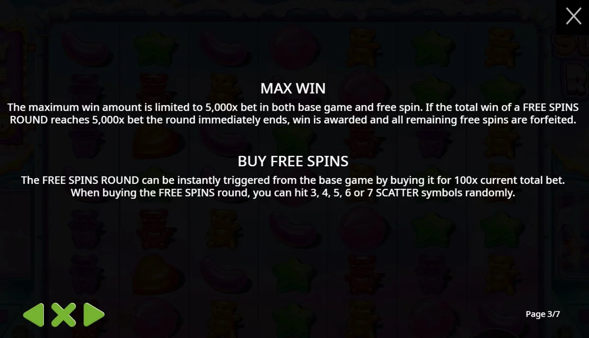 Sugar Rush max win rules confirming 5,000x cap and 100x bonus buy cost