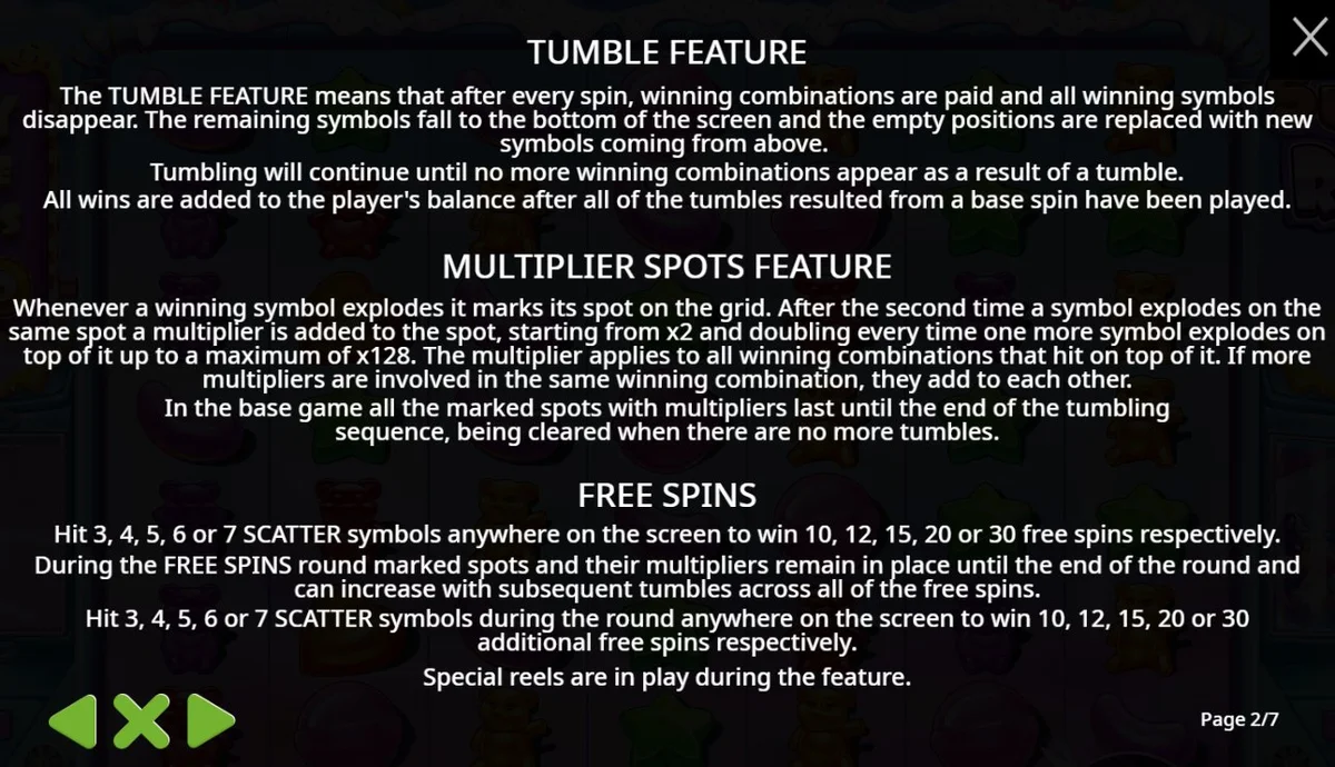 Sugar Rush game rules explaining Tumble Feature and Multiplier Spots up to x128